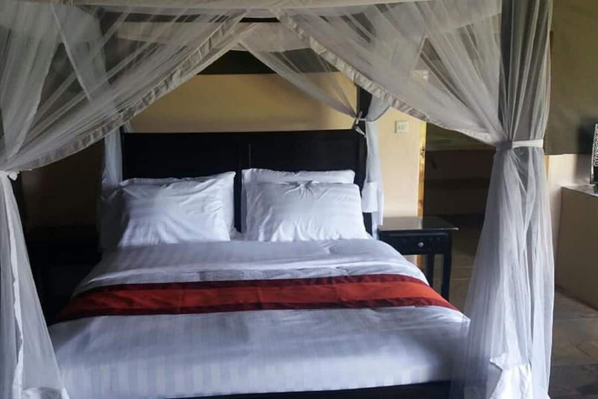 A bed with a canopy, white bedding, and a red blanket.