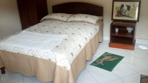 A bedroom with a bed, a wardrobe, a nightstand, a framed picture, and a green mat with a fish design. - Paramount Guest House (Gilgil)