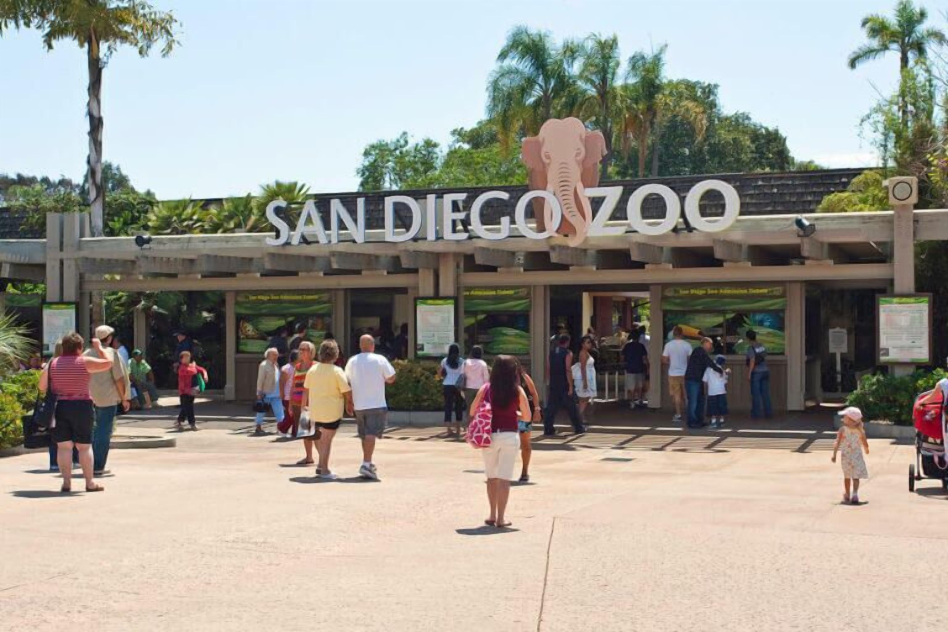 Indgangen til San Diego Zoo med en stor elefant skulptur over indgangen.