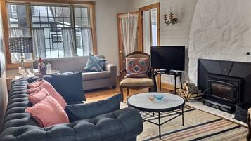 Smart TV, fireplace, books, stereo