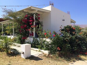 A white building with a covered porch, surrounded by flowering plants and a palm tree.