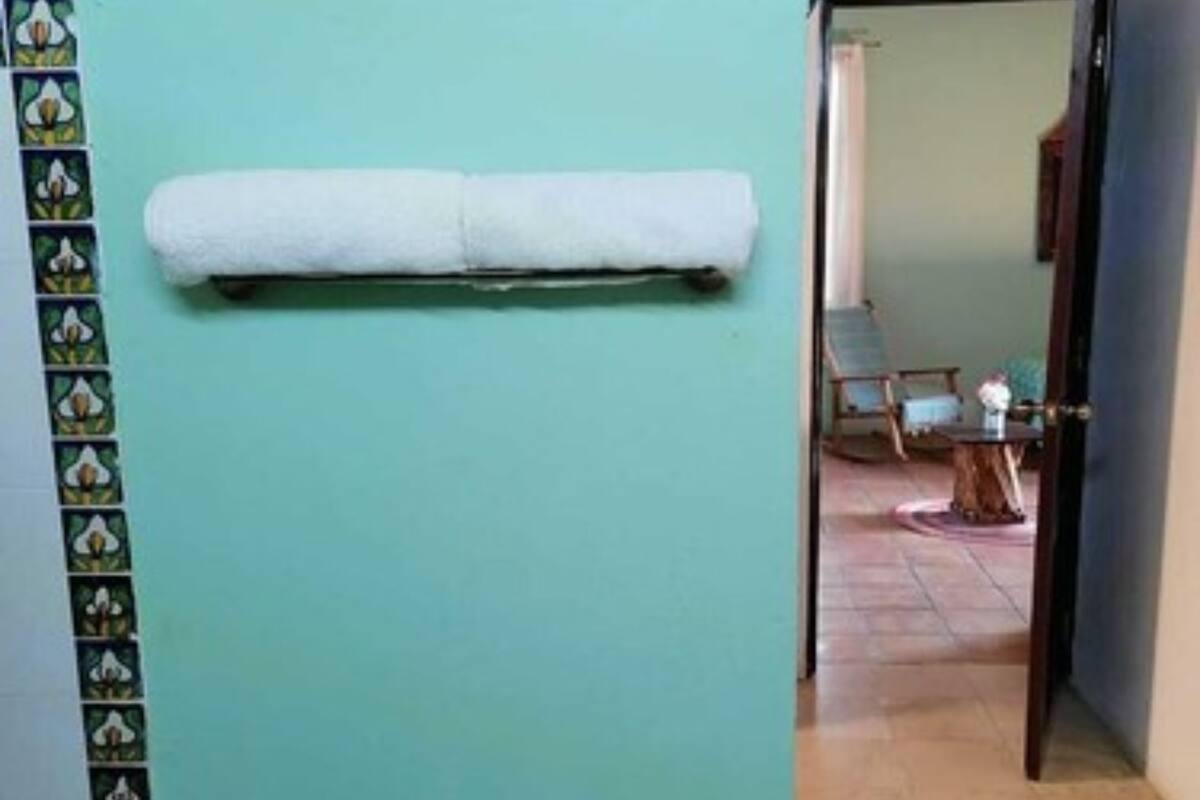 Shower, rainfall showerhead, towels, soap