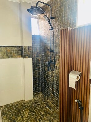 Regadera, toallas, jabón, shampoo 