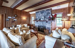 TV connectée, cheminée, livres