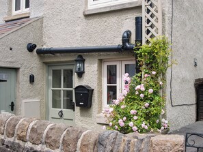 A stone wall, a green door, a window with a white frame, and a black mailbox.