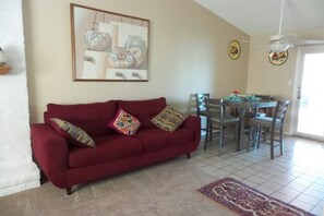 Smart TV, fireplace, books