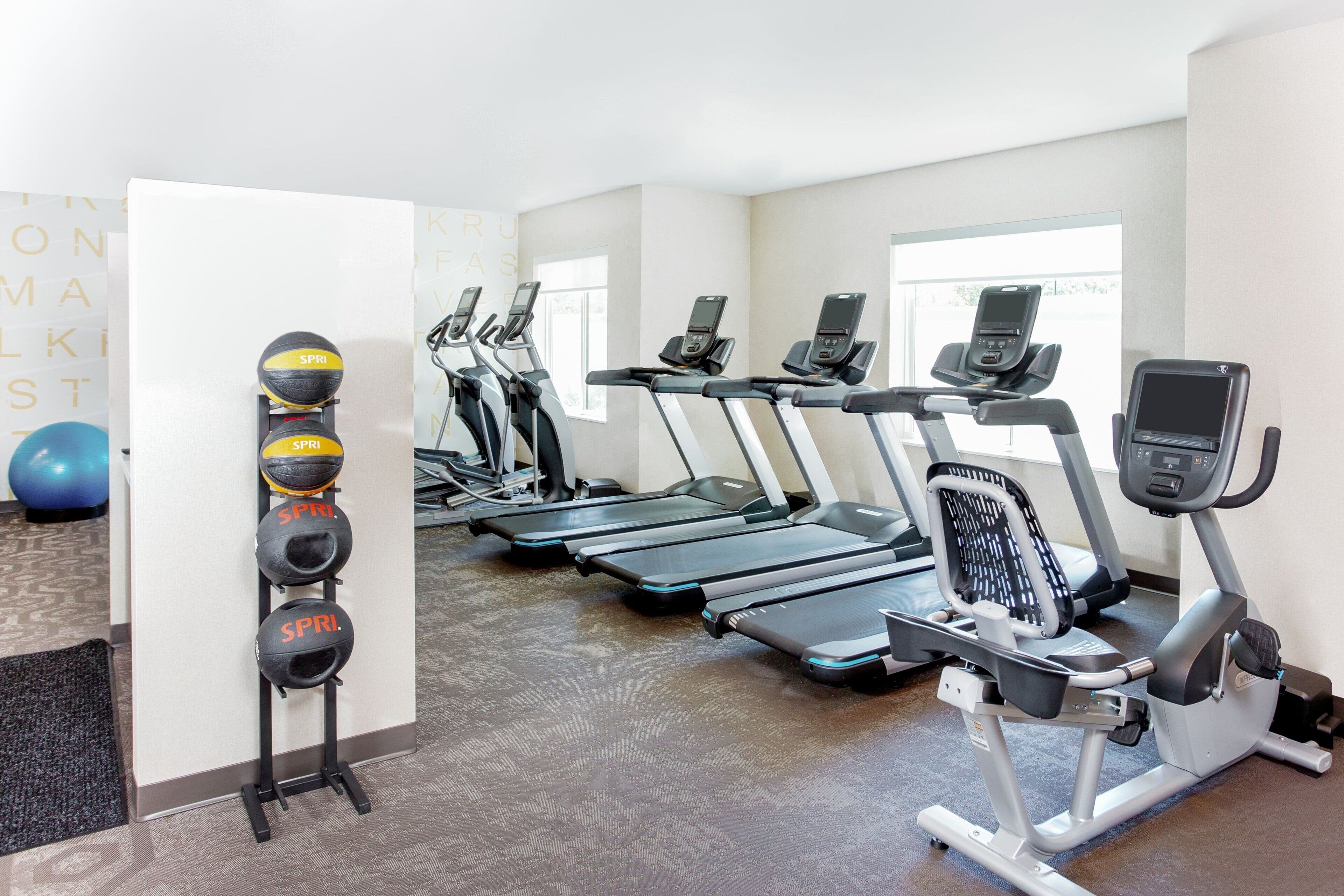 A gym with treadmills and exercise balls.
