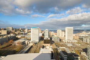 A cityscape with multiple high-rise buildings, a river in the background, and a clear sky.
