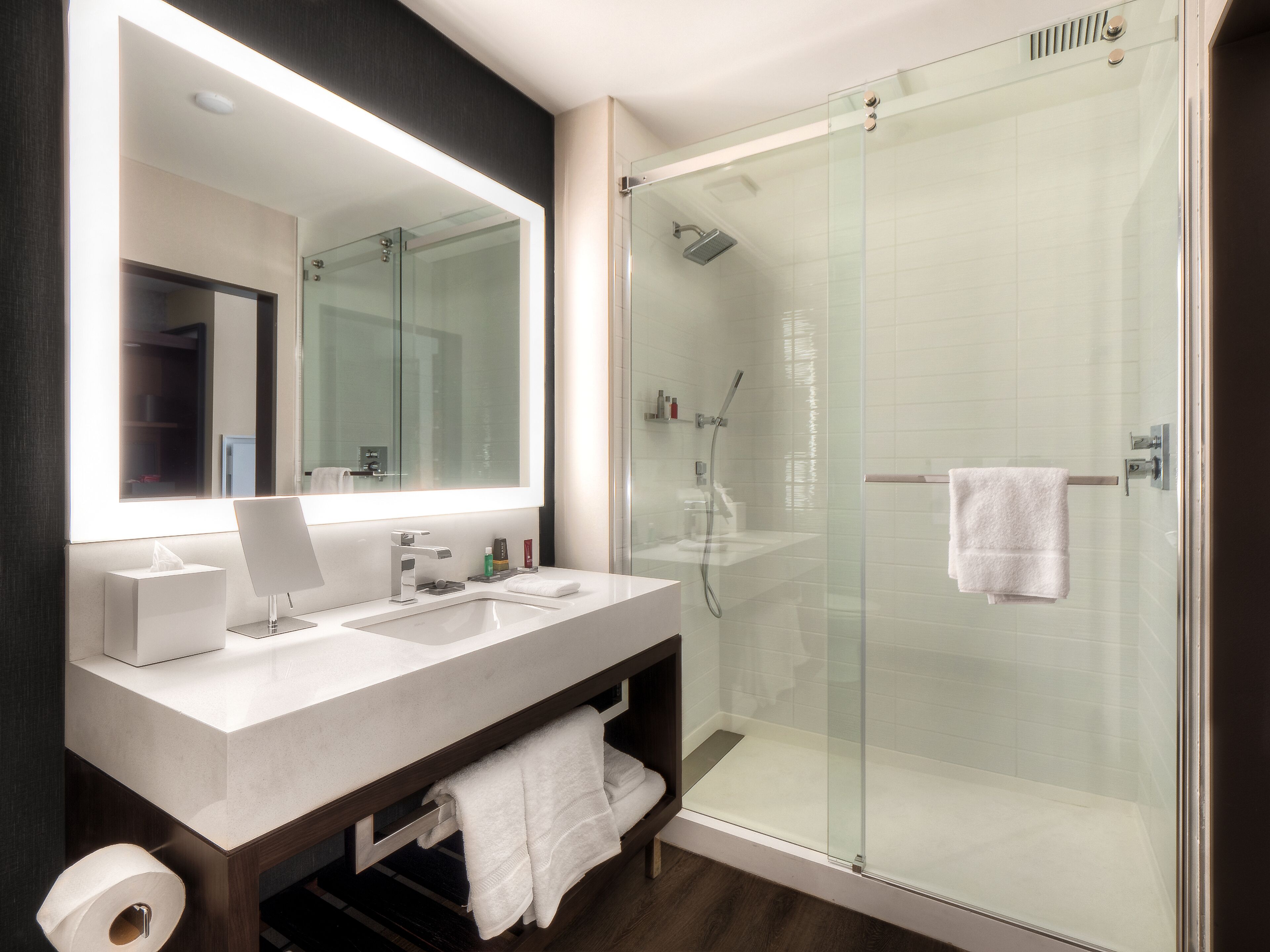 shower, rainfall showerhead, free toiletries, hair dryer