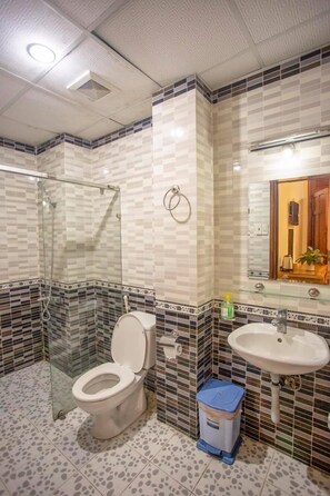 Shower, free toiletries, hair dryer, towels