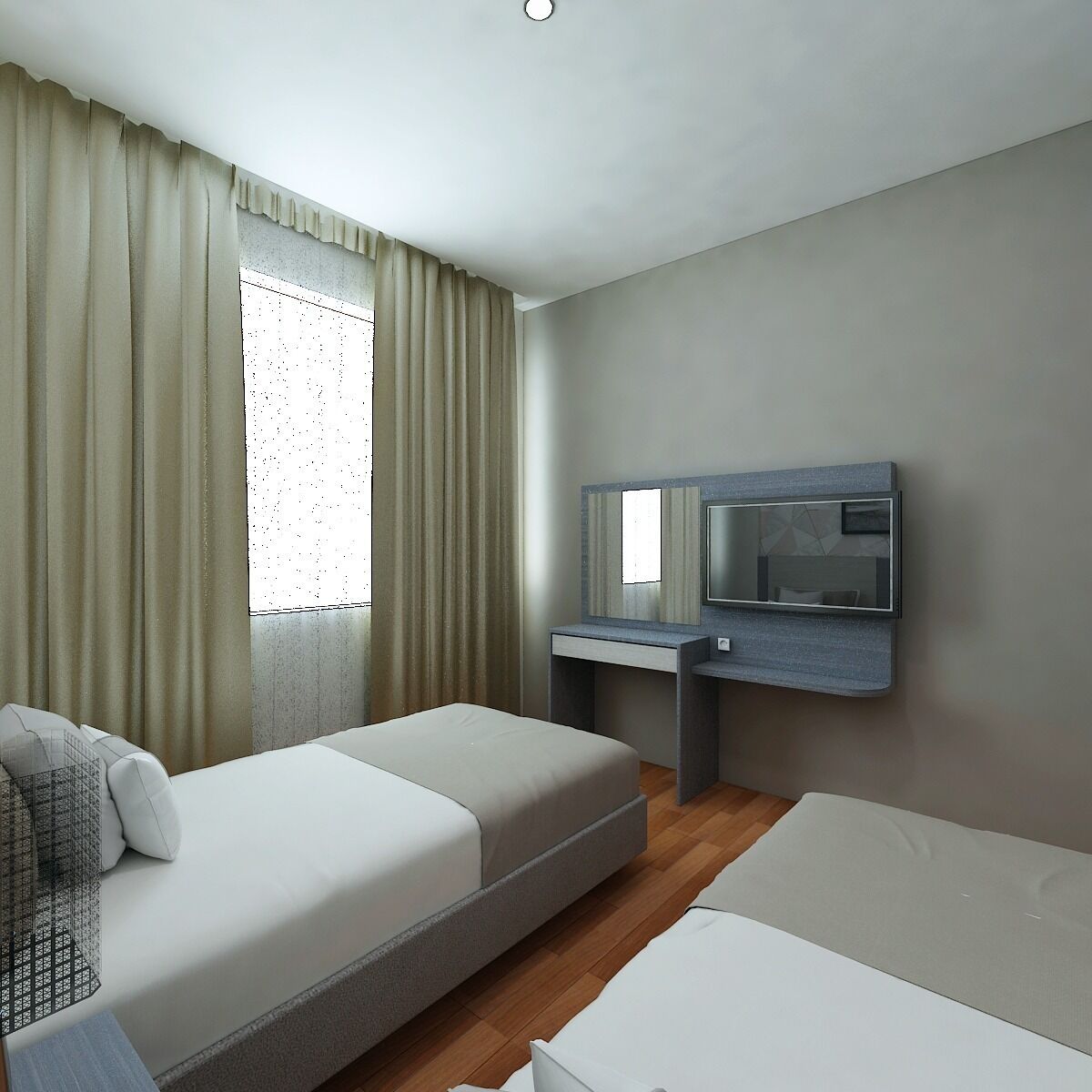 A hotel room with two beds, a desk with a mirror, and a window with curtains.