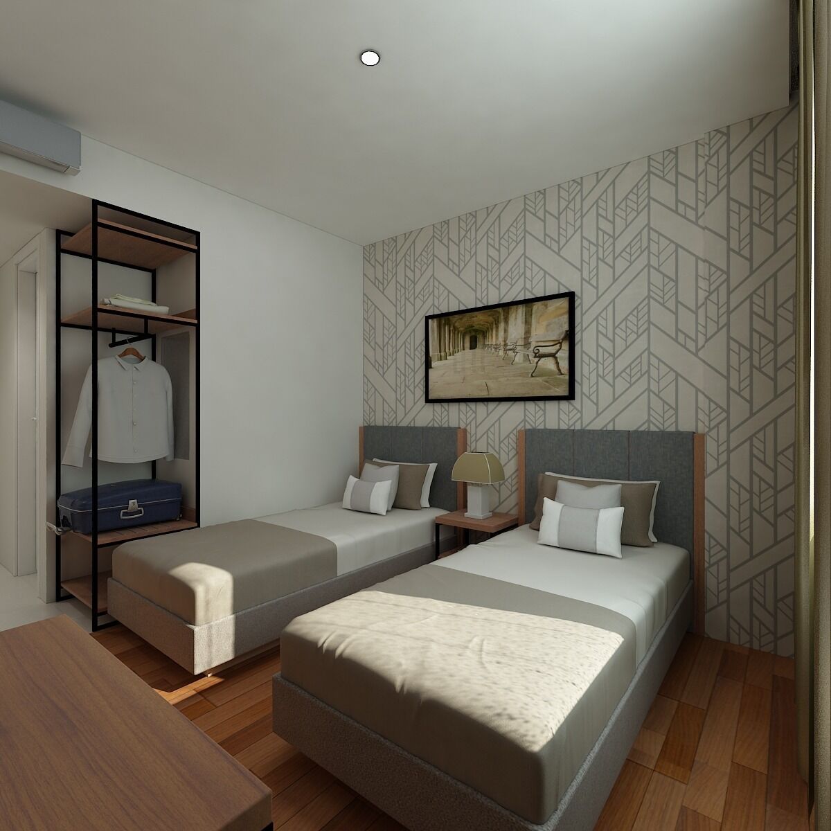 Une chambre d’hôtel avec deux lits simples, une armoire, un bureau et un tableau au mur.