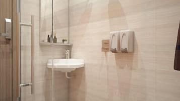 Shower, hair dryer, slippers, towels