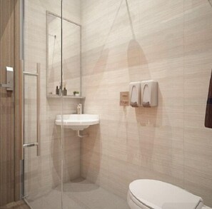 Shower, hair dryer, slippers, towels