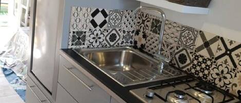 Fridge, microwave, stovetop, coffee/tea maker