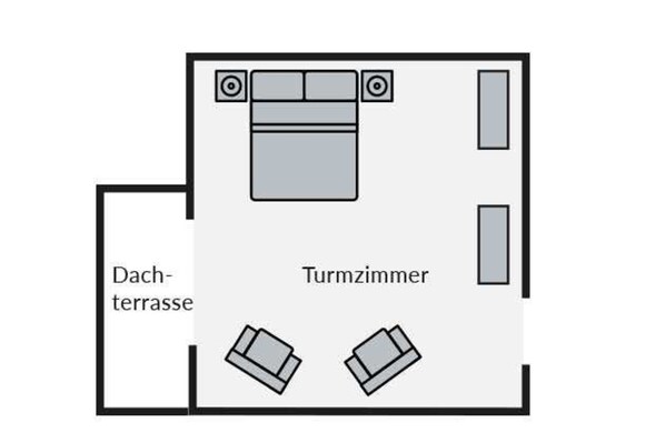 A room layout with a bed, a small table, and a chair.