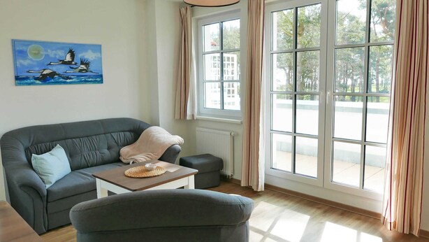 A living room with a grey sofa, a small table, and a window with curtains. - Baabe Inselparadies Fewo Bernstein Ref. 213719 u 3 - Fewo Bernstein Ref. 213719 u 3 (Sellin)
