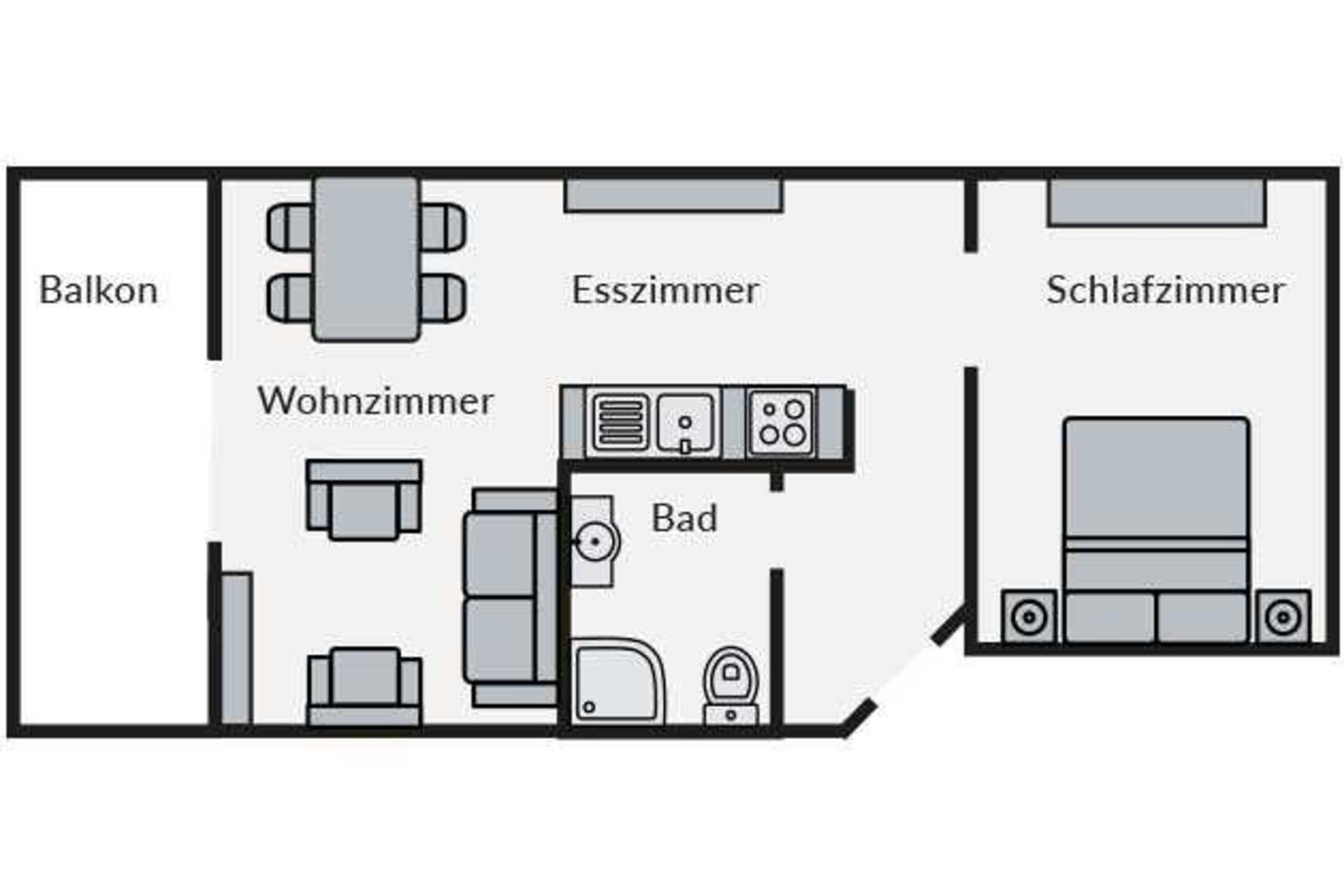 Ein Hotelzimmer mit Balkon, Wohnzimmer, Küche, Bad und Schlafzimmer.