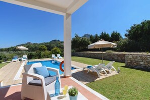 A heated pool, pool loungers