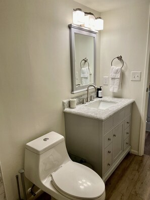 A bathroom with a toilet, sink, mirror, and towel rack. - Walk to Fashion Square Mall | Cozy Condo (Scottsdale)
