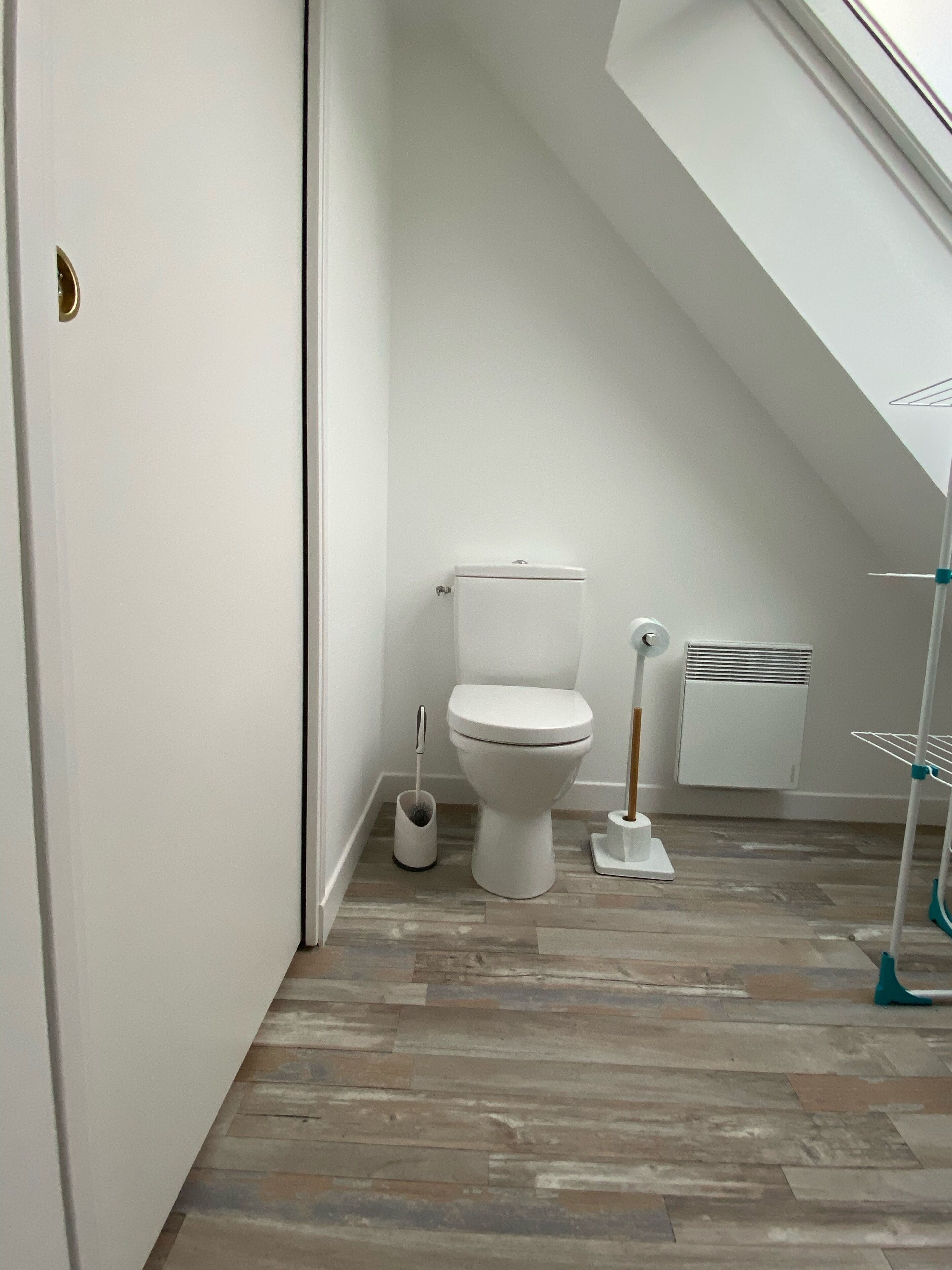 A small, modern bathroom with a white toilet, a floor-mounted bidet, and a wall-mounted radiator.