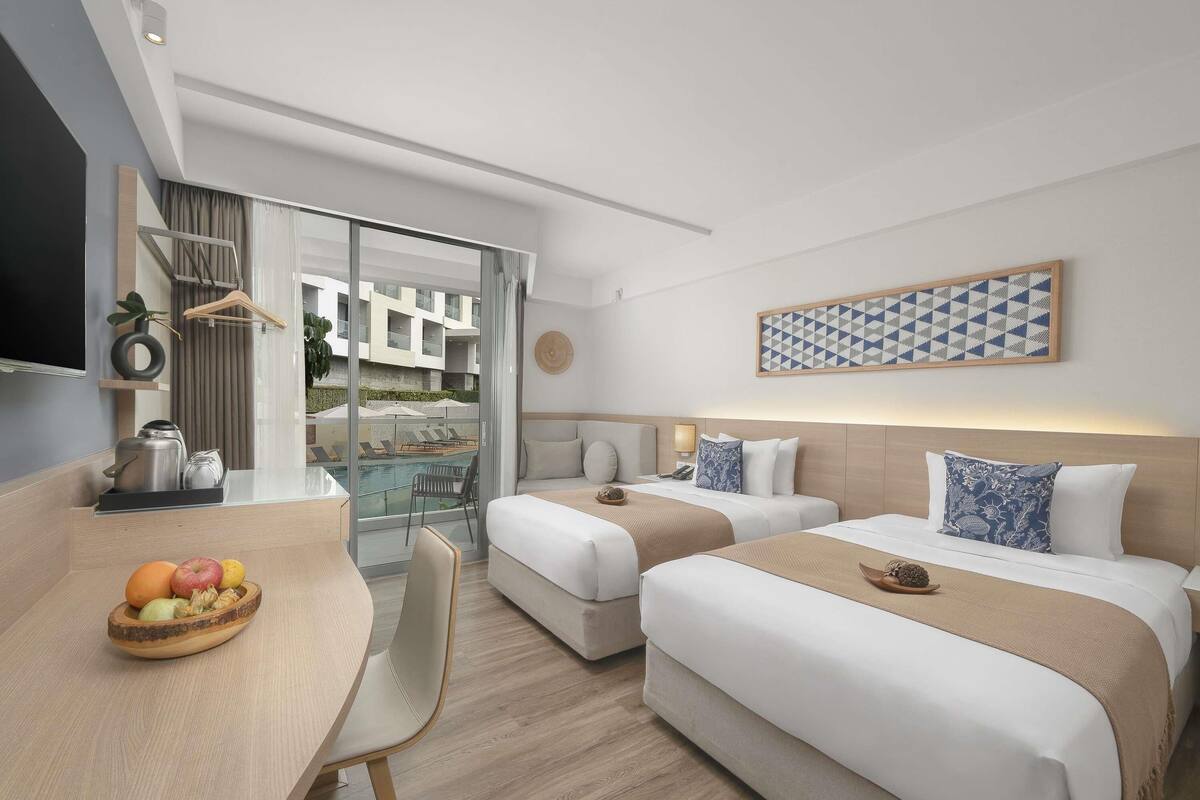 Superior Room, 2 Twin Beds, Balcony, Pool View | In-room safe, desk, laptop workspace, blackout drapes
