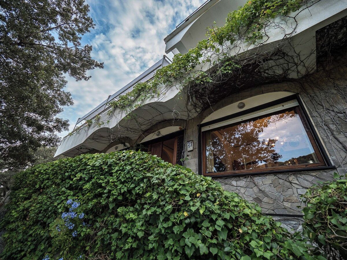 A building with stone walls and large windows, surrounded by lush greenery.