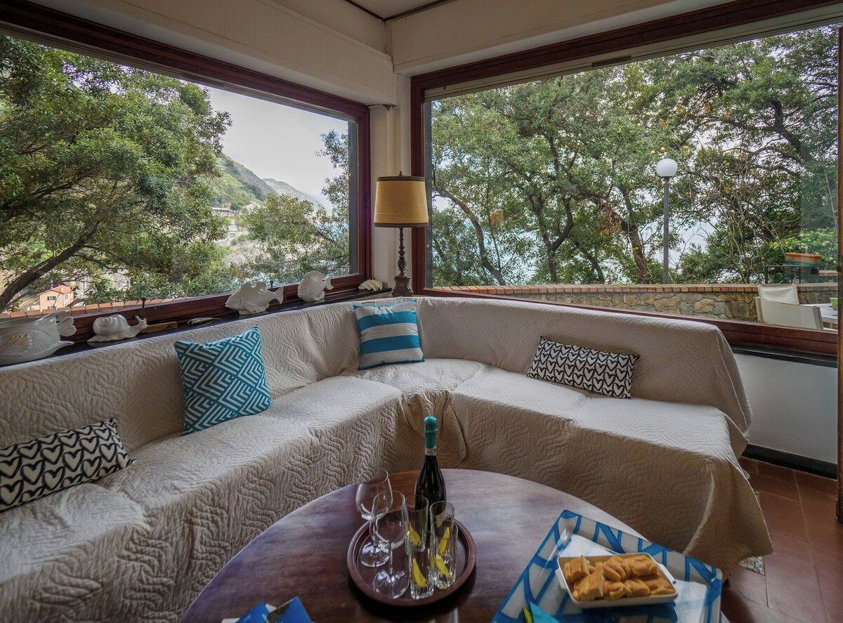 A room with a large window, a sofa, a table with a bottle and glasses, and a view of trees and mountains.