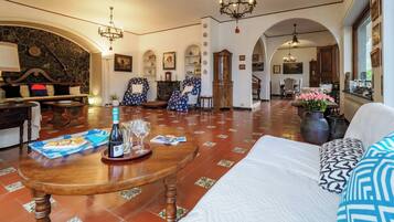 TV connectée, cheminée, livres