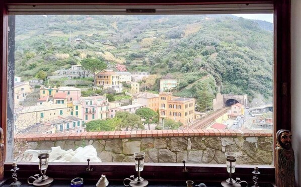 A view from a window overlooking a hillside town with buildings, a railway track, and a tunnel. - Villa Tanca with Terrace and Views (Monterosso al Mare)