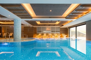 Indoor pool, outdoor pool, pool loungers