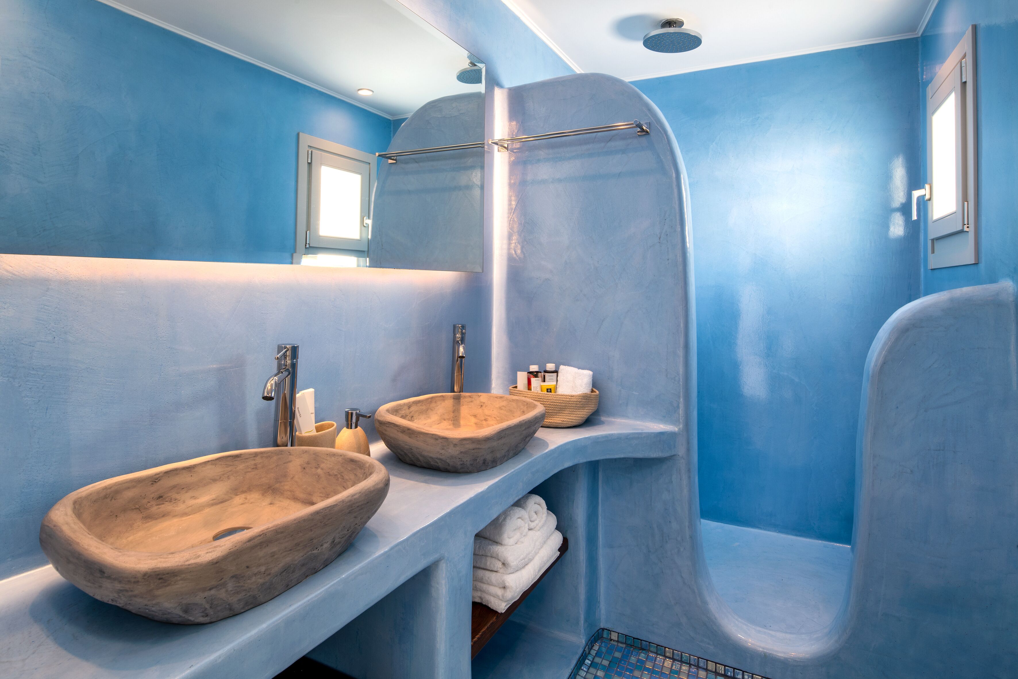 deluxe sea view suite with private pool | bathroom | shower, rainfall showerhead, eco-friendly toiletries, hair dryer