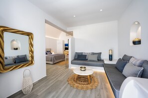 Deluxe Sea View Suite with Private Pool | Living area | 42-inch flat-screen TV with satellite channels, TV - Siete Mares Luxury Suites (Santorini)