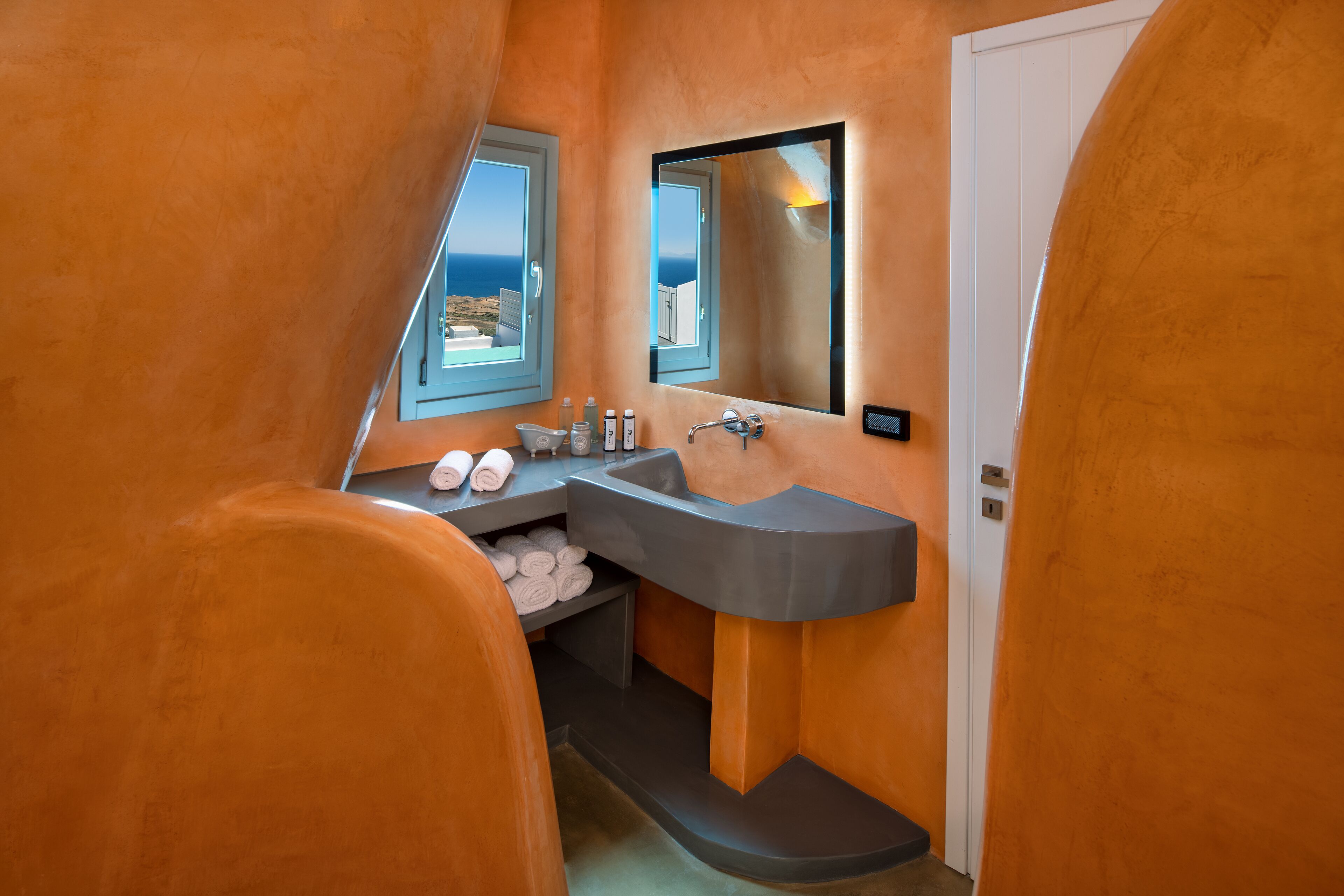 superior cave suite with private pool & sea view | bathroom | shower, rainfall showerhead, eco-friendly toiletries, hair dryer