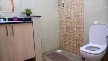 Shower, rainfall showerhead, free toiletries, slippers