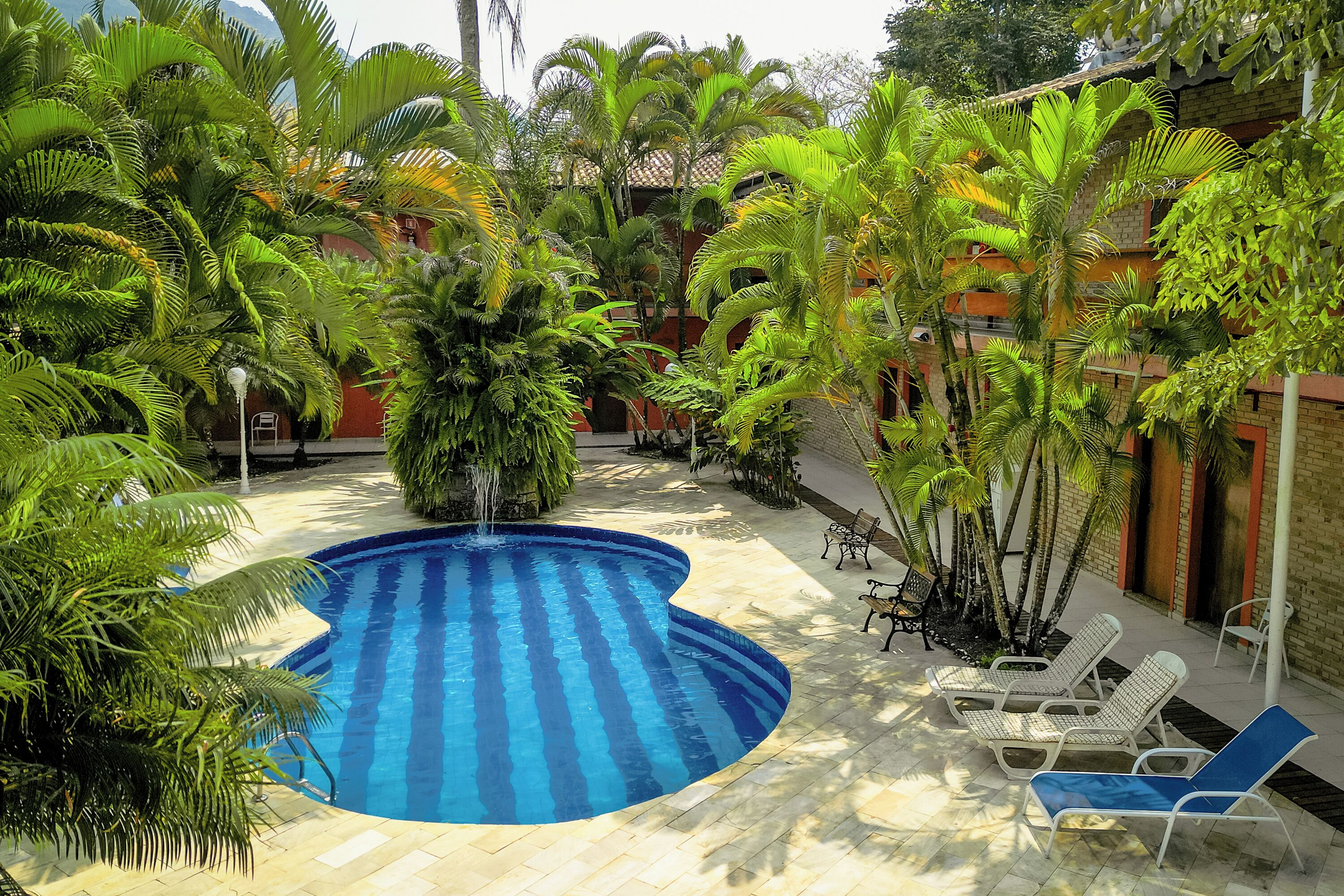 Una piscina rodeada de palmeras y sillones de descanso, con un edificio al fondo.