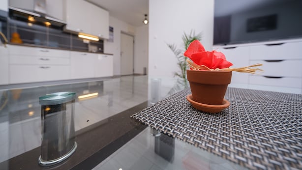Une cuisine moderne avec des meubles blancs, un grand téléviseur à écran plat et une plante en pot posée sur une table en verre.