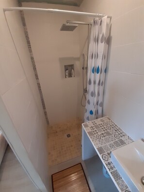 Shower, towels, soap, toilet paper