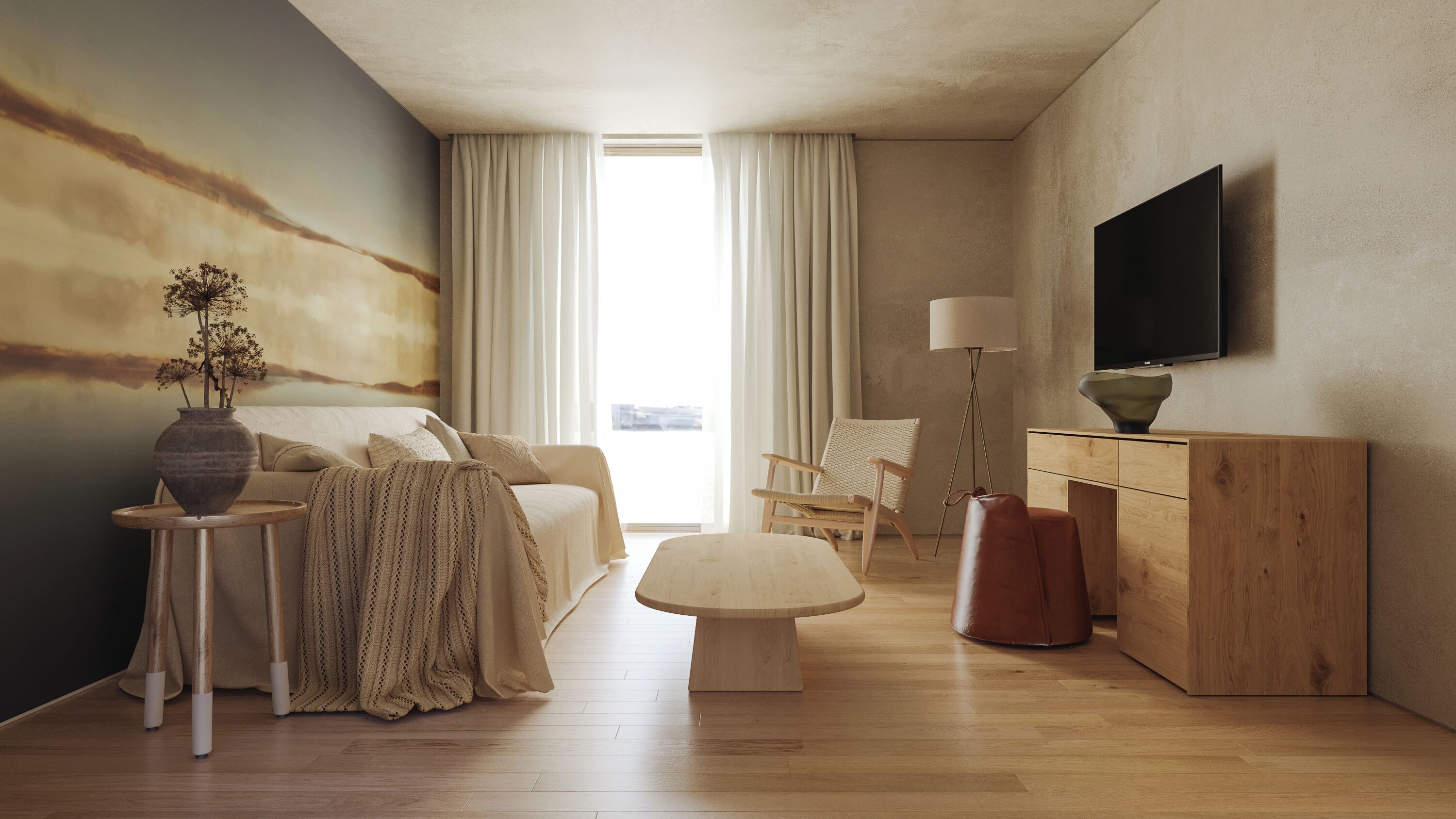 A modern hotel room with a large window, a bed, a flat-screen TV, a wooden dresser, and a floor lamp.