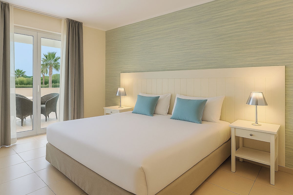 A hotel room with a large bed, two bedside tables with lamps, a sliding glass door to a balcony with outdoor furniture, and a textured wall.