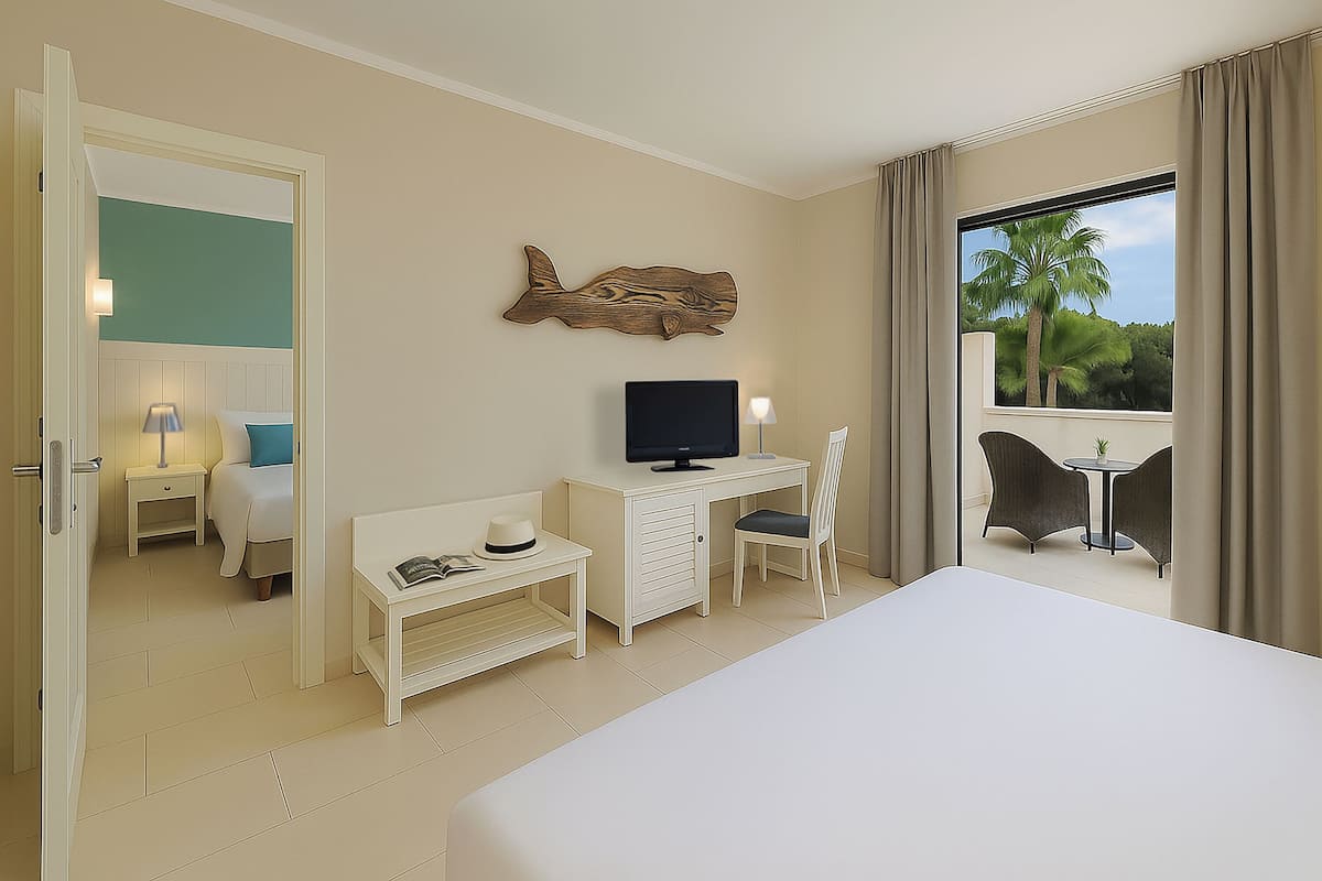A hotel room with a bed, desk, chair, TV, and a view of palm trees through the window.