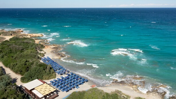 Une vue aérienne d’une plage, avec une rangée de parasols bleus et un bâtiment doté d’un toit plat.