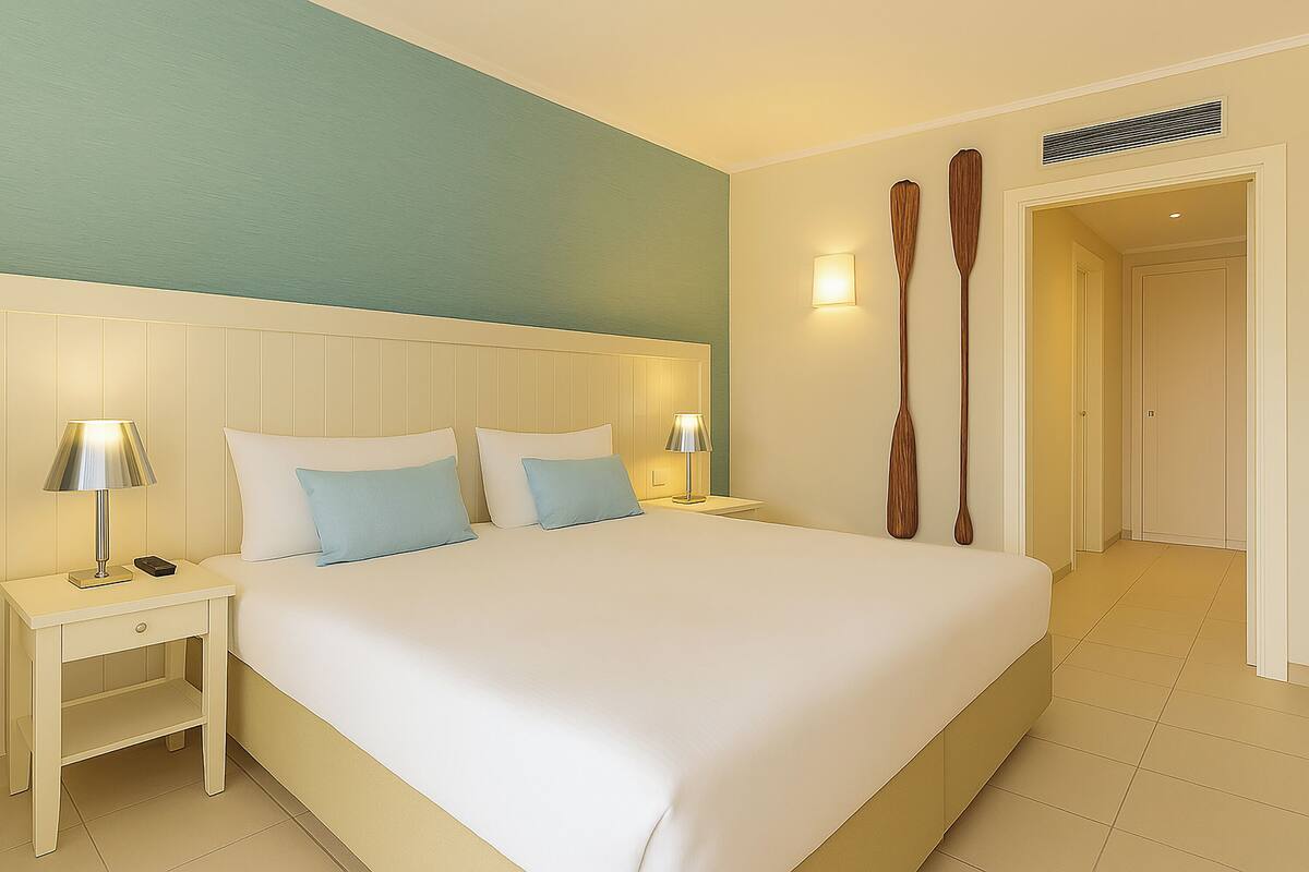 A neatly made bed with white linens and two blue pillows, a bedside table with a lamp, and a wooden paddle on the wall.