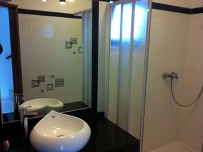 Rainfall showerhead, hair dryer, soap, toilet paper