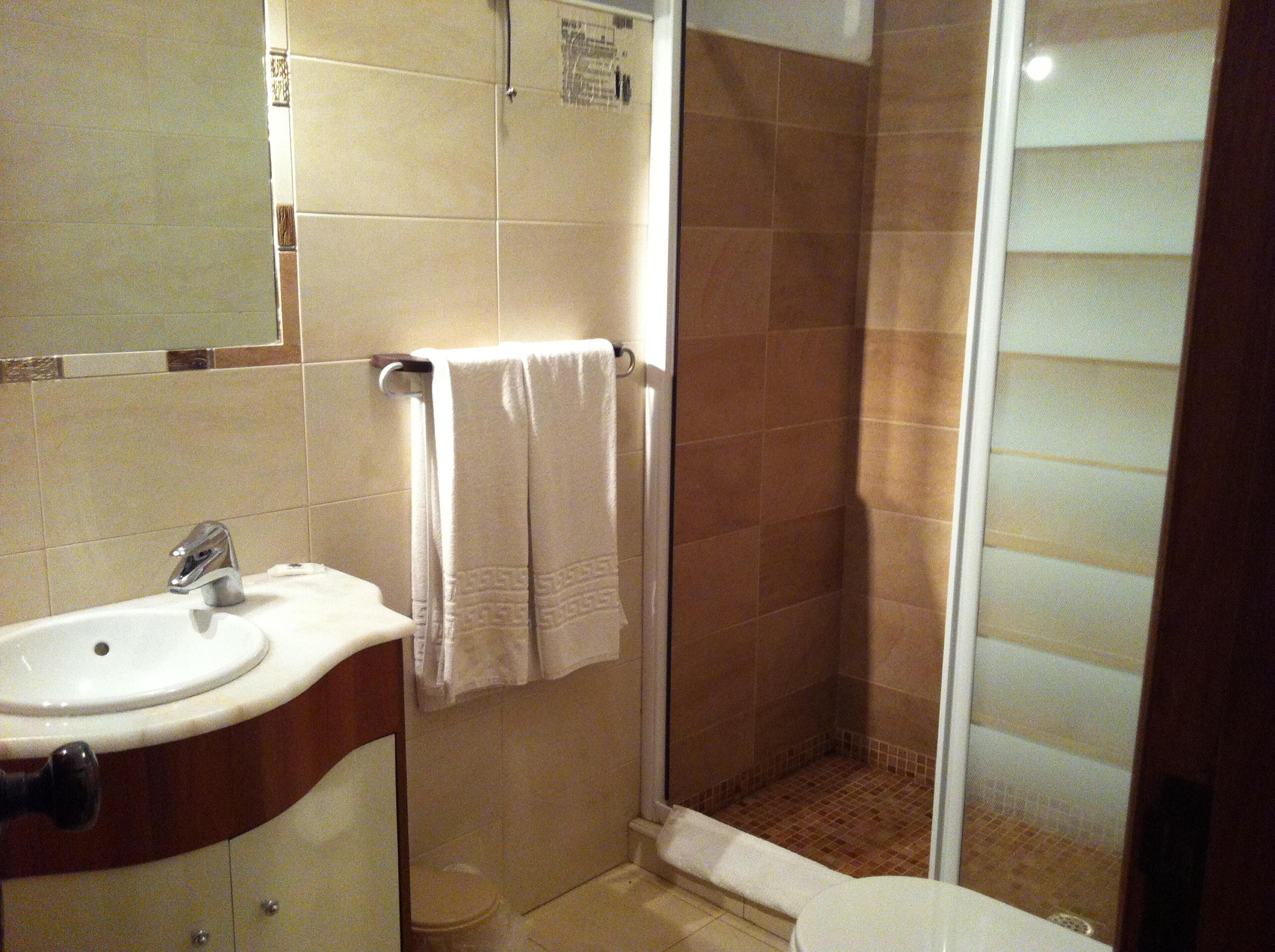 A bathroom with a sink, mirror, towel rack, shower, and toilet.