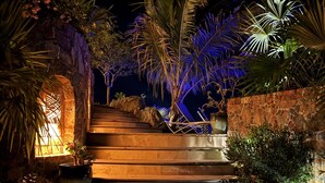 A staircase with stone steps leading up to a lighted area, surrounded by tropical plants and a stone wall. - Sol Inclination~ 4b/4.5b HUGE views, updated in and out, backup power! (St.John)