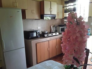 Kühlschrank, Mikrowelle, Herdplatte, Wasserkocher mit Kaffee-/Teezubehör