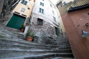 Una escalera de piedra estrecha que sube hacia un edificio con una puerta verde y plantas en macetas.