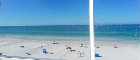 On the beach, sun loungers