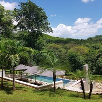 室外游泳池，池畔遮阳伞，日光浴躺椅